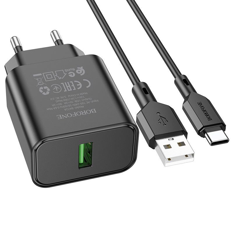 СЗУ Borofone BA72A QC3.0 (1USB/3A) + USB - Type-C (черный)
