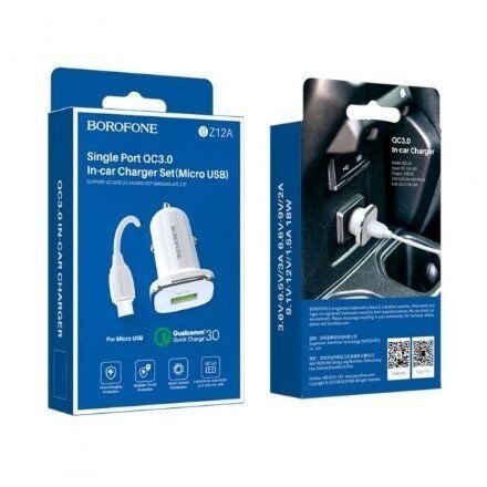 Автомобільний зарядний пристрій BOROFONE BZ12A single port QC3.0 + кабель USB - MICRO білий Автомобільний зарядний пристрій BOROFONE BZ12A single port QC3.0 + кабель USB - MICRO білий