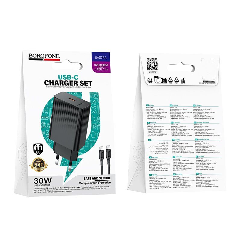 Мережевий зарядний пристрій BOROFONE BAS75A PD 30W USB-C + кабель TYPE-C - TYPE-C, чорний Мережевий зарядний пристрій BOROFONE BAS75A PD 30W USB-C + кабель TYPE-C - TYPE-C, чорний