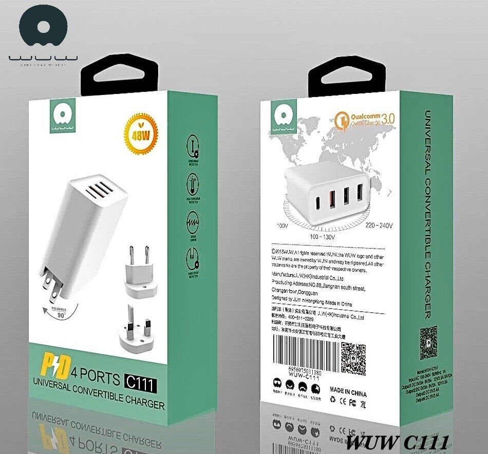 Мережевий зарядний пристрій WUW C111 PD 3 USB + 1 TYPE-C PORTS 48W БІЛИЙ Мережевий зарядний пристрій WUW C111 PD 3 USB + 1 TYPE-C PORTS 48W БІЛИЙ