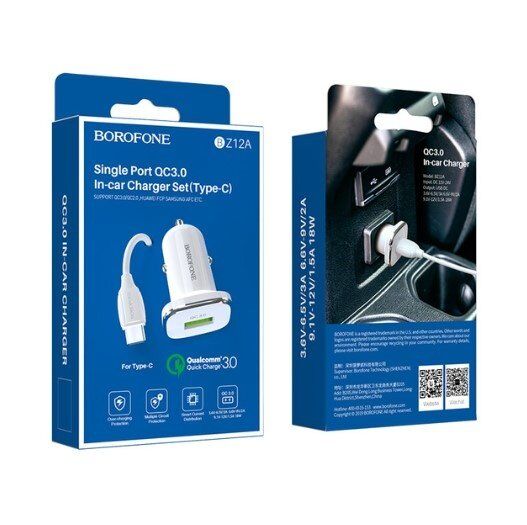 Автомобільний зарядний пристрій BOROFONE BZ12A single port QC3.0 + кабель USB - Type-C білий Автомобільний зарядний пристрій BOROFONE BZ12A single port QC3.0 + кабель USB - Type-C білий