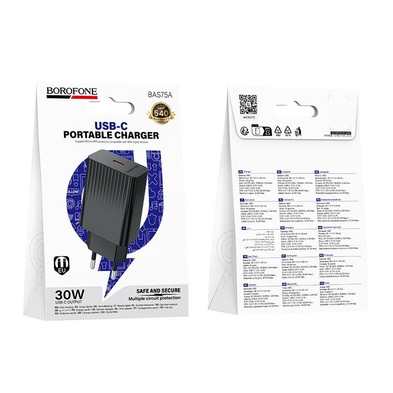 Мережевий зарядний пристрій BOROFONE BAS75A PD 30W USB-C, чорний Мережевий зарядний пристрій BOROFONE BAS75A PD 30W USB-C, чорний