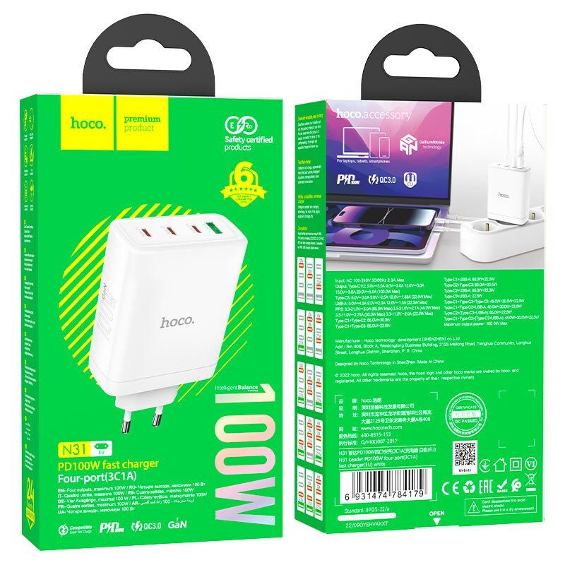 Мережевий зарядний пристрій HOCO N31 PD 100W (3*TYPE-C + 1*USB QC 3.0), GaN, білий Мережевий зарядний пристрій HOCO N31 PD 100W (3*TYPE-C + 1*USB QC 3.0), GaN, білий