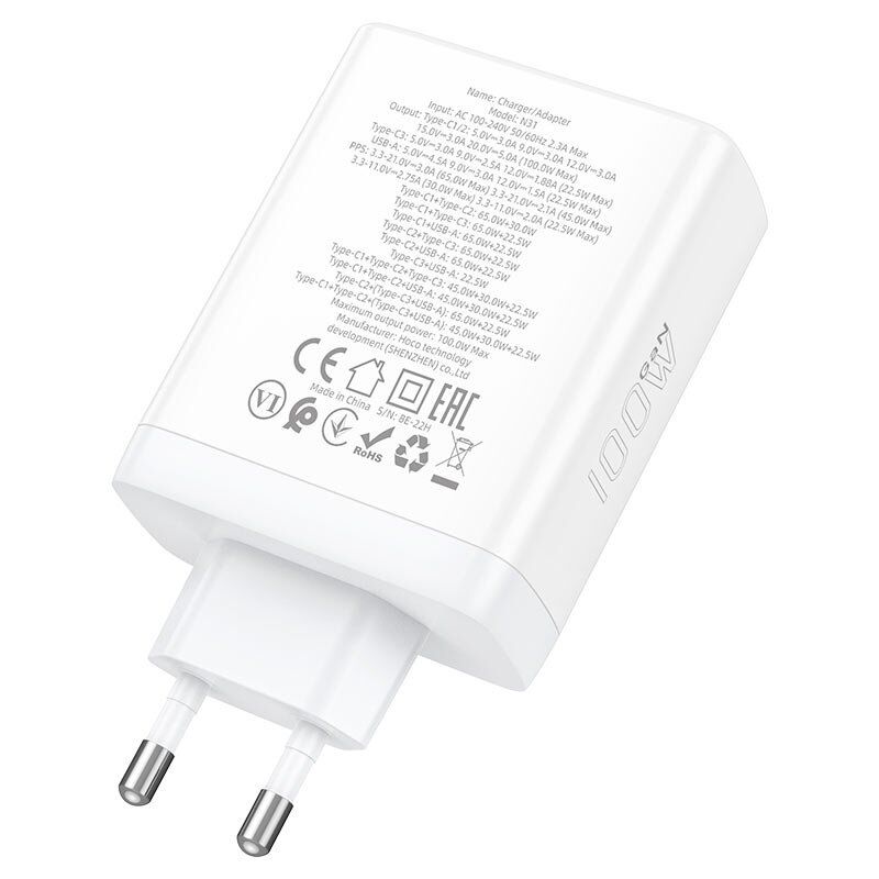 Мережевий зарядний пристрій HOCO N31 PD 100W (3*TYPE-C + 1*USB QC 3.0), GaN, білий Мережевий зарядний пристрій HOCO N31 PD 100W (3*TYPE-C + 1*USB QC 3.0), GaN, білий