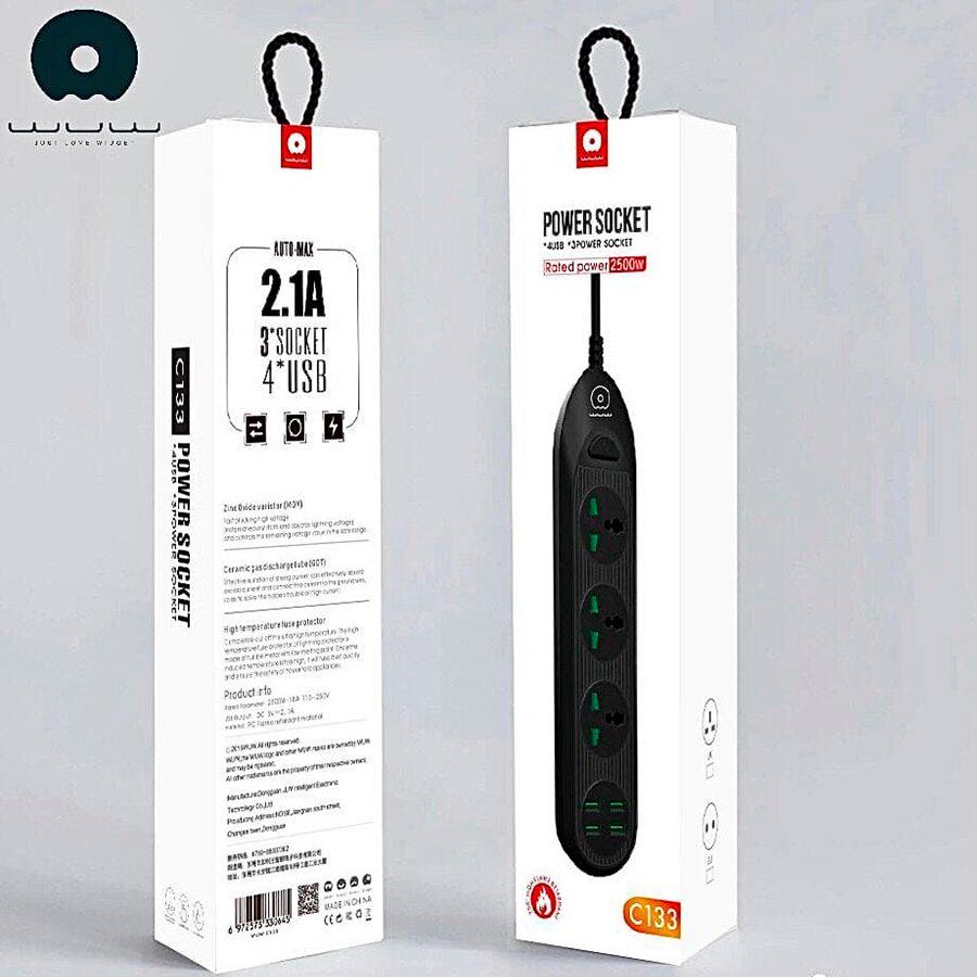 Мережевий подовжувач із USB зарядкою WUW C133 4USB 2.1A 3SOCKET 10A Мережевий подовжувач із USB зарядкою WUW C133 4USB 2.1A 3SOCKET 10A