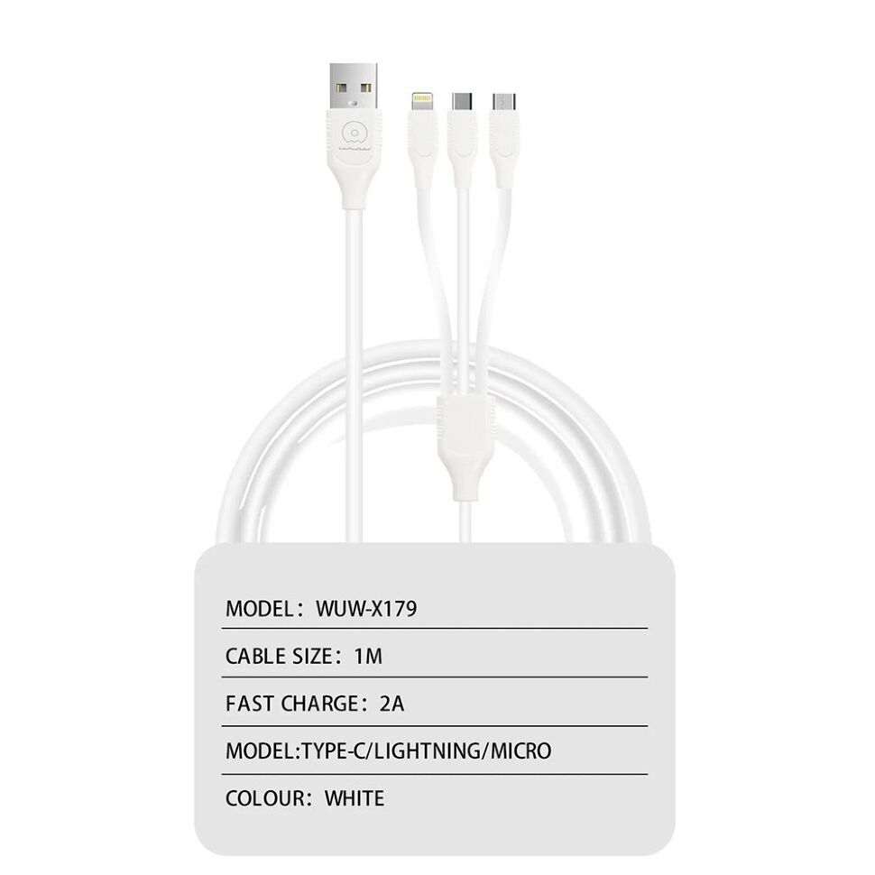 Кабель USB WUW X179 3в1 USB - Lightning/Micro/Type-C 2A БІЛИЙ Кабель USB WUW X179 3в1 USB - Lightning/Micro/Type-C 2A БІЛИЙ