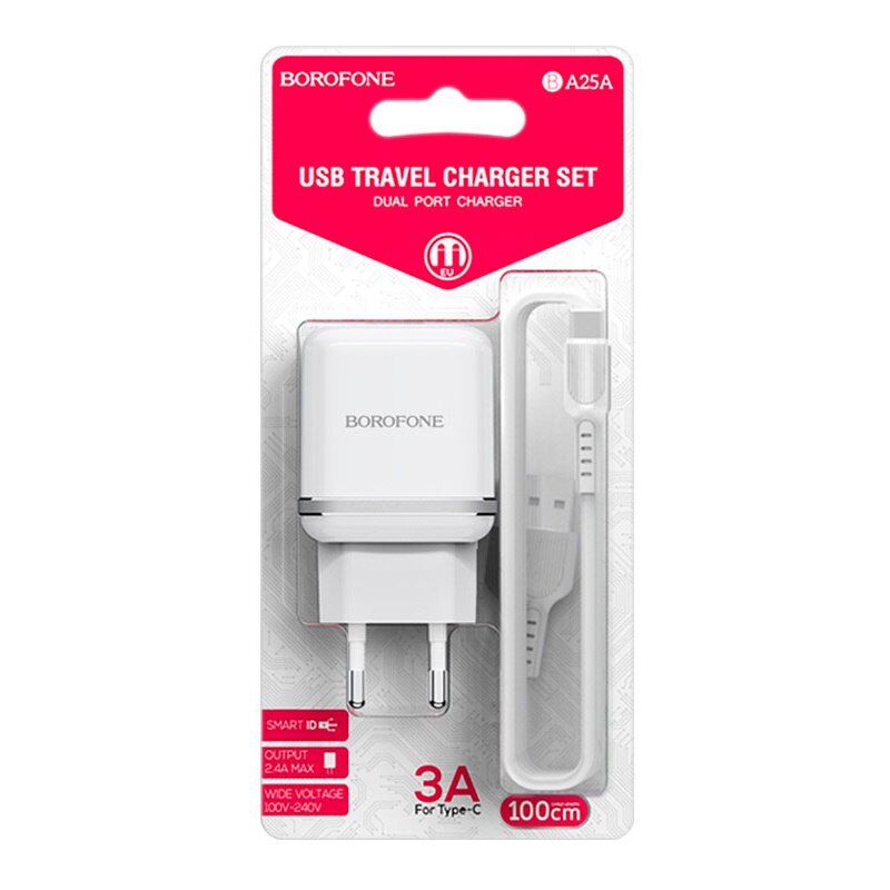 Мережевий зарядний пристрій BOROFONE BA25A Outstanding dual port + кабель USB - TYPE-C, білий