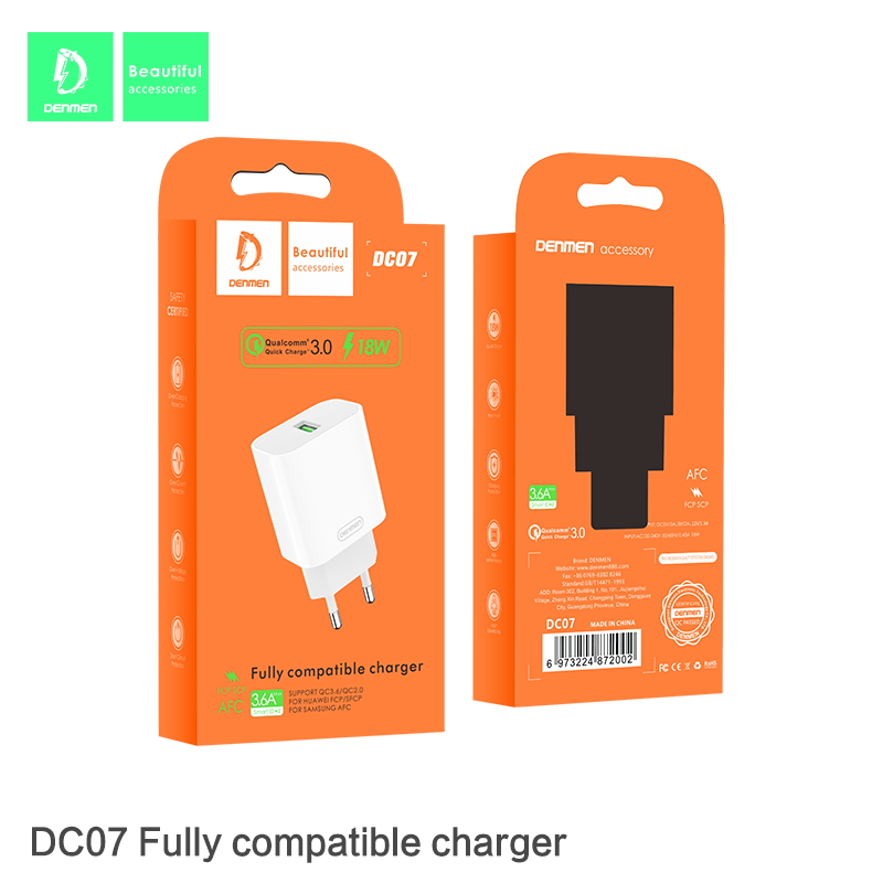 Мережевий зарядний пристрій DENMEN DC07 3.6A 1USB 18W QC3.0, FCP, AFC, SCP