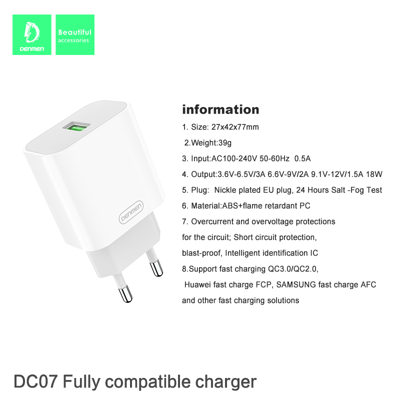Мережевий зарядний пристрій DENMEN DC07 3.6A 1USB 18W QC3.0, FCP, AFC, SCP