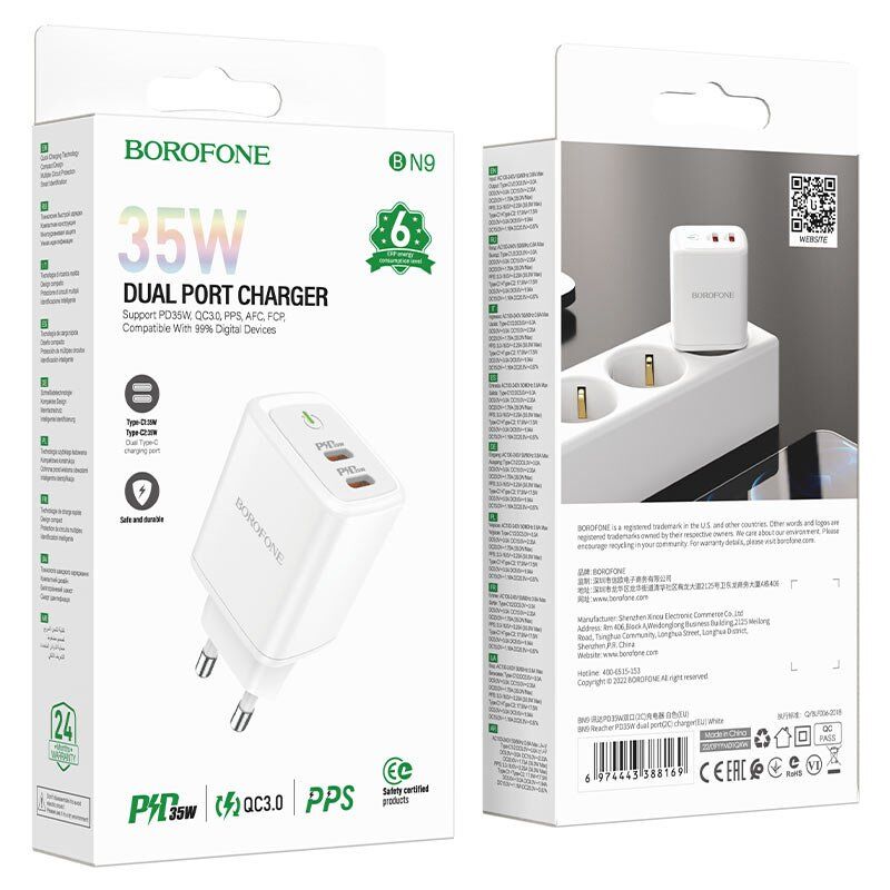 Мережевий зарядний пристрій BOROFONE BN9 Reacher PD35W dual port USB-C