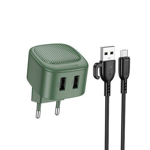СЗУ Borofone BAS21A (2USB/2A) + USB - Type-C (зеленый)