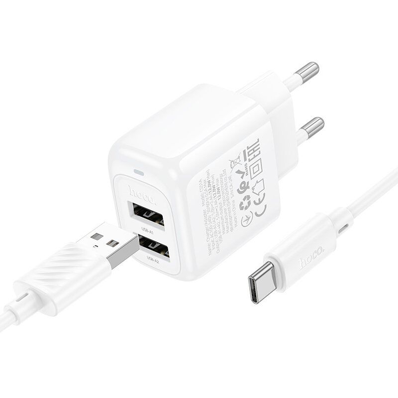 Мережевий зарядний пристрій HOCO CS51A 2USB 2.4A + кабель USB - TYPE-C, білий