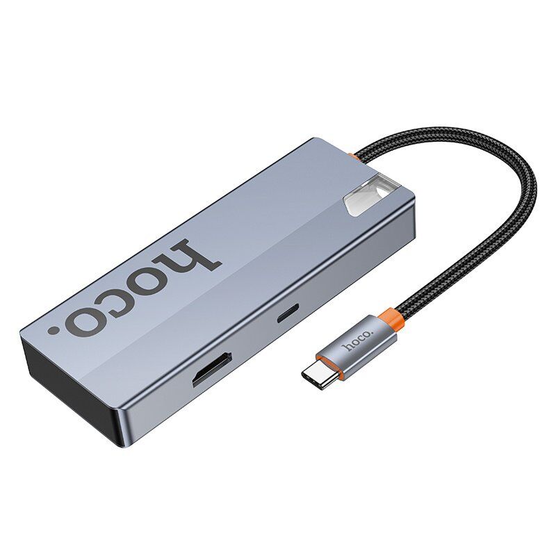 Адаптер-концентратор HOCO HB50 Wow 5-в-1 (Type-C → 3×USB 3.0 + HDMI (HDTV) + PD 100 Вт), металік-сірий Адаптер-концентратор HOCO HB50 Wow 5-в-1 (Type-C → 3×USB 3.0 + HDMI (HDTV) + PD 100 Вт), металік-сірий