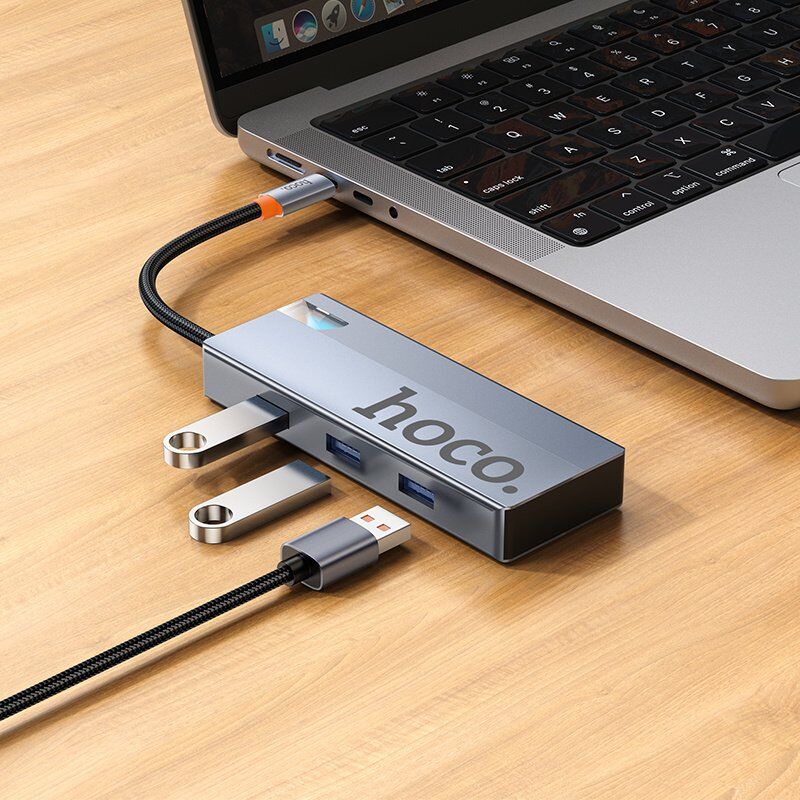 Адаптер-концентратор HOCO HB50 Wow 5-в-1 (Type-C → 3×USB 3.0 + HDMI (HDTV) + PD 100 Вт), металік-сірий Адаптер-концентратор HOCO HB50 Wow 5-в-1 (Type-C → 3×USB 3.0 + HDMI (HDTV) + PD 100 Вт), металік-сірий