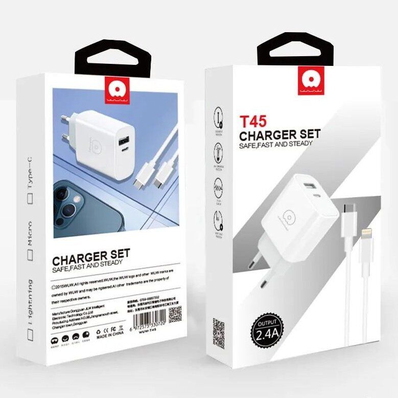 Зарядний пристрій WUW T45 2.4A + USB-C - Lightning БІЛИЙ (40) Зарядний пристрій WUW T45 2.4A + USB-C - Lightning БІЛИЙ (40)