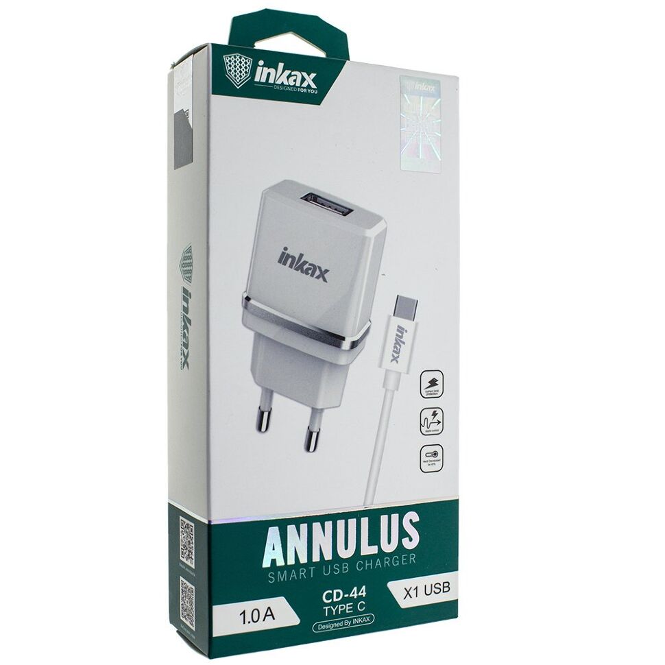 Мережевий зарядний пристрій INKAX CD-44 1.0A + USB кабель TYPE-C Мережевий зарядний пристрій INKAX CD-44 1.0A + USB кабель TYPE-C