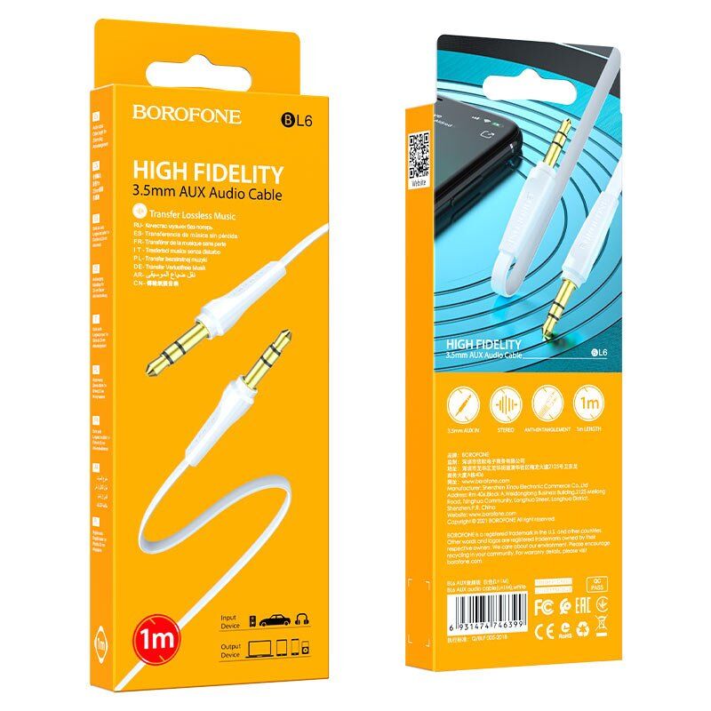 Кабель BOROFONE BL6 AUX jack 3.5 мм - jack 3.5 мм 1МЕТР БІЛИЙ Кабель BOROFONE BL6 AUX jack 3.5 мм - jack 3.5 мм 1МЕТР БІЛИЙ
