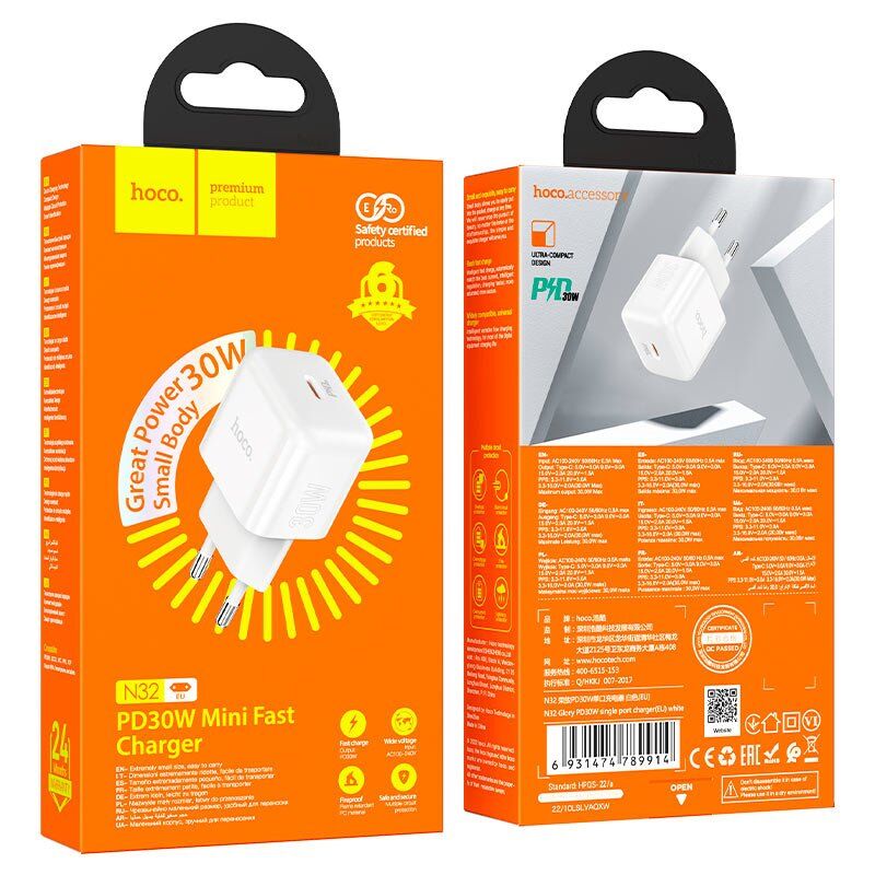 Мережевий зарядний пристрій HOCO N32 TYPE-C PD 30W бiлий