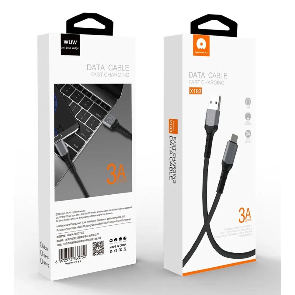 Кабель USB WUW X183 USB - Type-C 3A Тканина/метал чорний