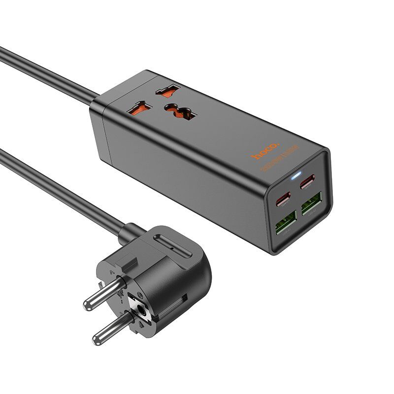 Мережевий подовжувач Hoco AC10A 65W з 2xUSB, 2xType-C та 1 розеткою (чорний)