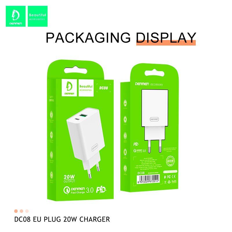 Мережевий зарядний пристрій DENMEN DC08 3.0A USB QC3.0 + TYPE-C 20W PD