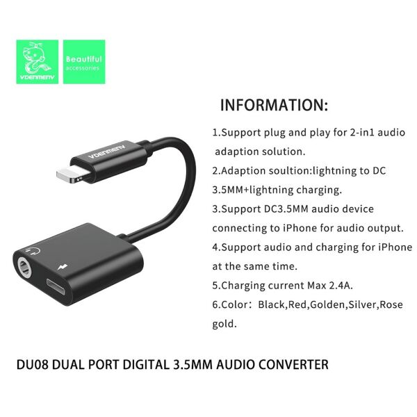 AUX ПЕРЕХІДНИК DENMEN DU08 LIGHTNING to 3.5mm + GHARGER Audio converter