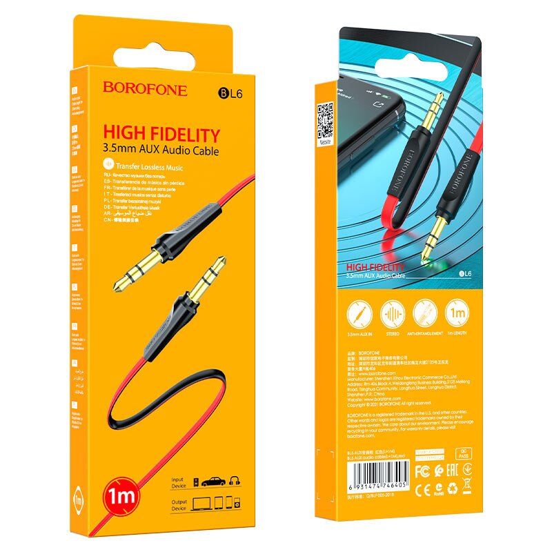 Кабель BOROFONE BL6 AUX jack 3.5 мм - jack 3.5 мм 1МЕТР ЧЕРВОНИЙ Кабель BOROFONE BL6 AUX jack 3.5 мм - jack 3.5 мм 1МЕТР ЧЕРВОНИЙ