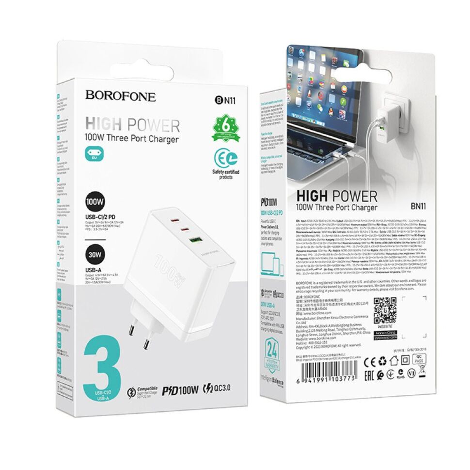 Мережевий зарядний пристрій BOROFONE BN11 100W PD + QC3.0 USB-C 2 шт. USB-A 1 шт. Мережевий зарядний пристрій BOROFONE BN11 100W PD + QC3.0 USB-C 2 шт. USB-A 1 шт.