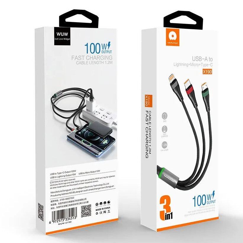 Кабель USB WUW X190 3в1 USB - Lightning/Micro/Type-C 100W 1.20 МЕТРИ Тканина Чорний (45) Кабель USB WUW X190 3в1 USB - Lightning/Micro/Type-C 100W 1.20 МЕТРИ Тканина Чорний (45)