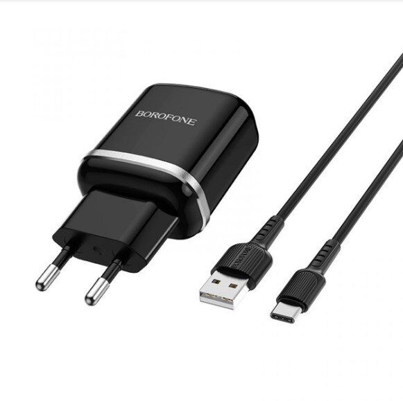 Мережевий зарядний пристрій BOROFONE BA36A USB QC3.0 + кабель USB - TYPE-C, ЧОРНИЙ Мережевий зарядний пристрій BOROFONE BA36A USB QC3.0 + кабель USB - TYPE-C, ЧОРНИЙ