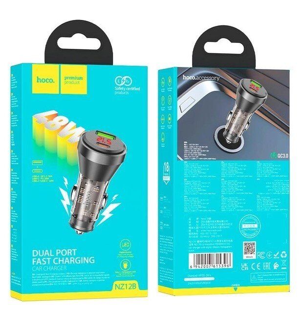 Автомобільний зарядний пристрій HOCO NZ12B 48W Type-C PD + USB-A QC3.0 LCD DISPLAY Автомобільний зарядний пристрій HOCO NZ12B 48W Type-C PD + USB-A QC3.0 LCD DISPLAY
