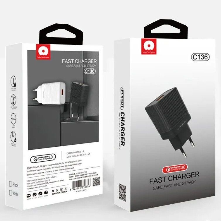 Мережевий зарядний пристрій WUW C136 USB QC3.0 ЧОРНИЙ Мережевий зарядний пристрій WUW C136 USB QC3.0 ЧОРНИЙ