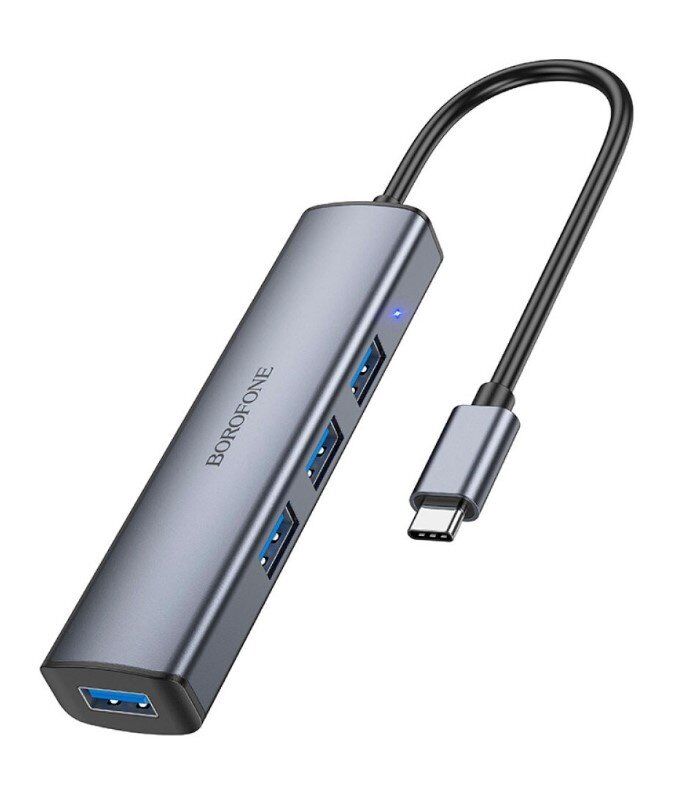 Перехідник BOROFONE DH12 HUB з Type-C на 4 USB 3.0, 20 см, сірий Перехідник BOROFONE DH12 HUB з Type-C на 4 USB 3.0, 20 см, сірий