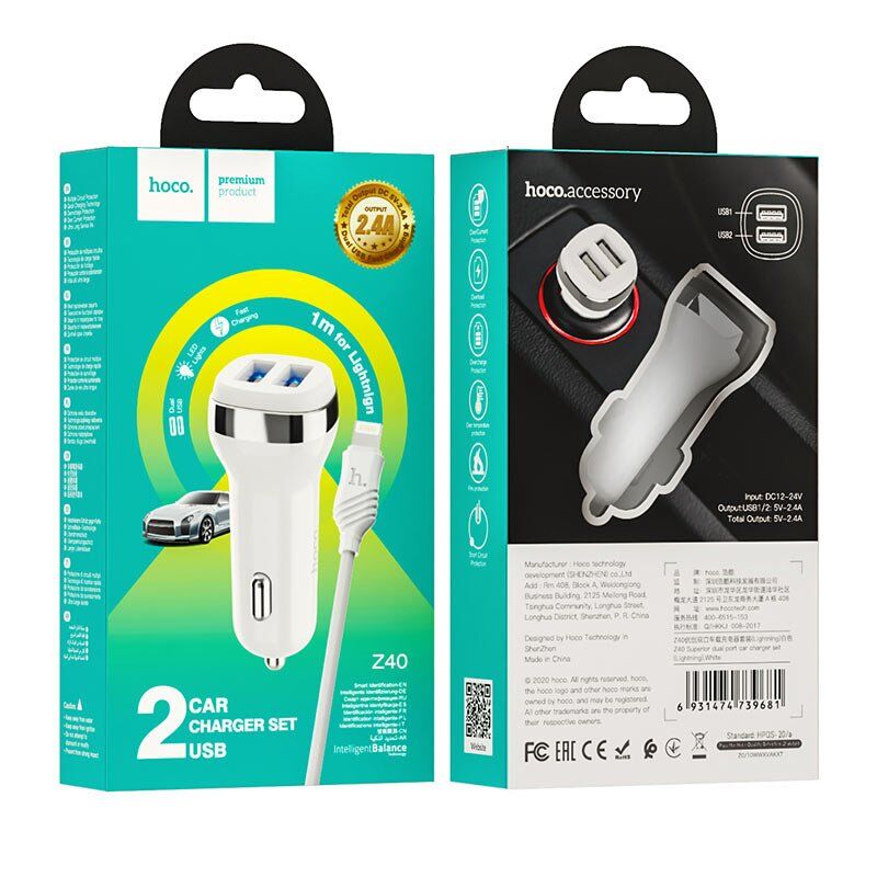 АЗУ HOCO Z40 (2USB/2.4A) + USB - Lightning (12pc) (белый) АЗУ HOCO Z40 (2USB/2.4A) + USB - Lightning (12pc) (белый)