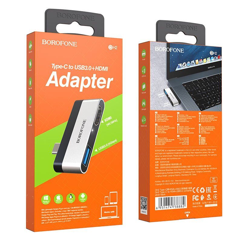 Перехідник BOROFONE DH2 USB HUB з Type-C на 1 USB (3.0) та HDMI Перехідник BOROFONE DH2 USB HUB з Type-C на 1 USB (3.0) та HDMI