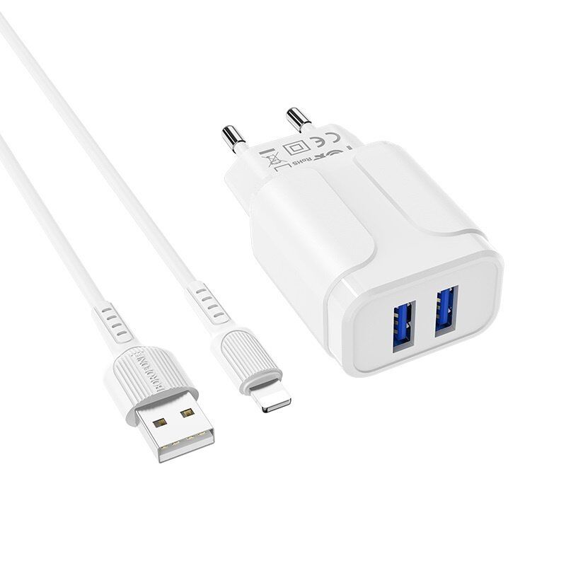 Мережевий зарядний пристрій BOROFONE BA37A Speedy dual port + кабель USB - LIGHTNING