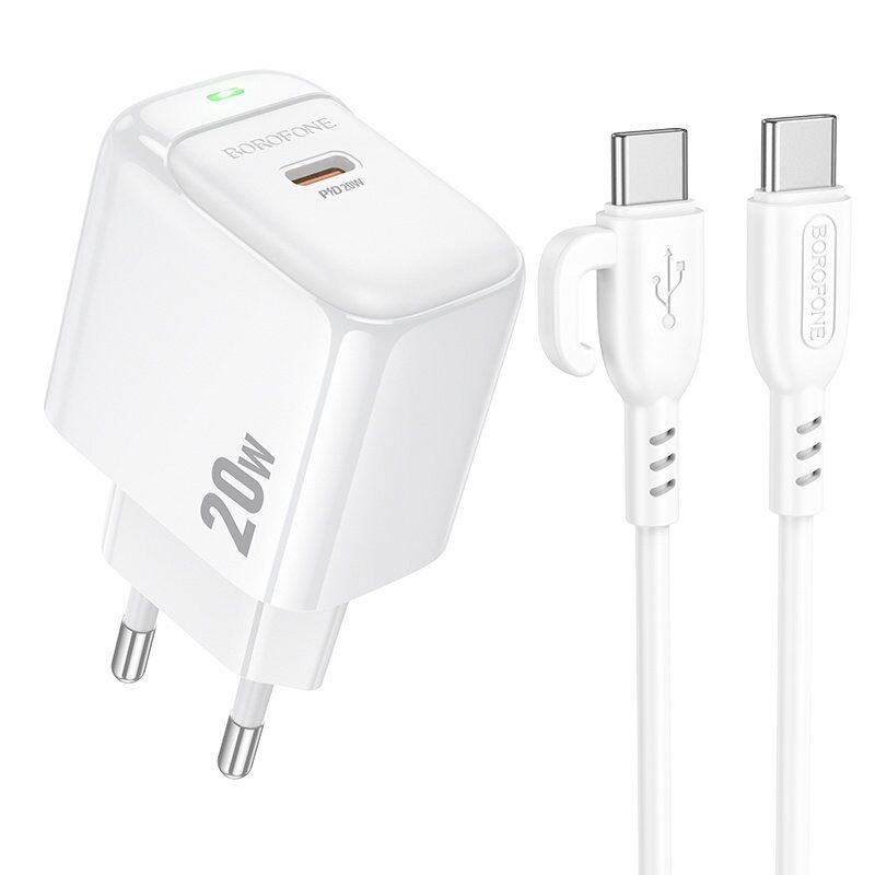 Мережевий зарядний пристрій BOROFONE BAS43A TYPE-C PD 20W + кабель TYPE-C - TYPE-C, білий Мережевий зарядний пристрій BOROFONE BAS43A TYPE-C PD 20W + кабель TYPE-C - TYPE-C, білий