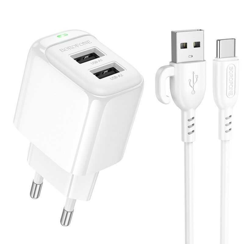 СЗУ Borofone BAS41A (2USB/2,4A) + USB - Type-C (белый)