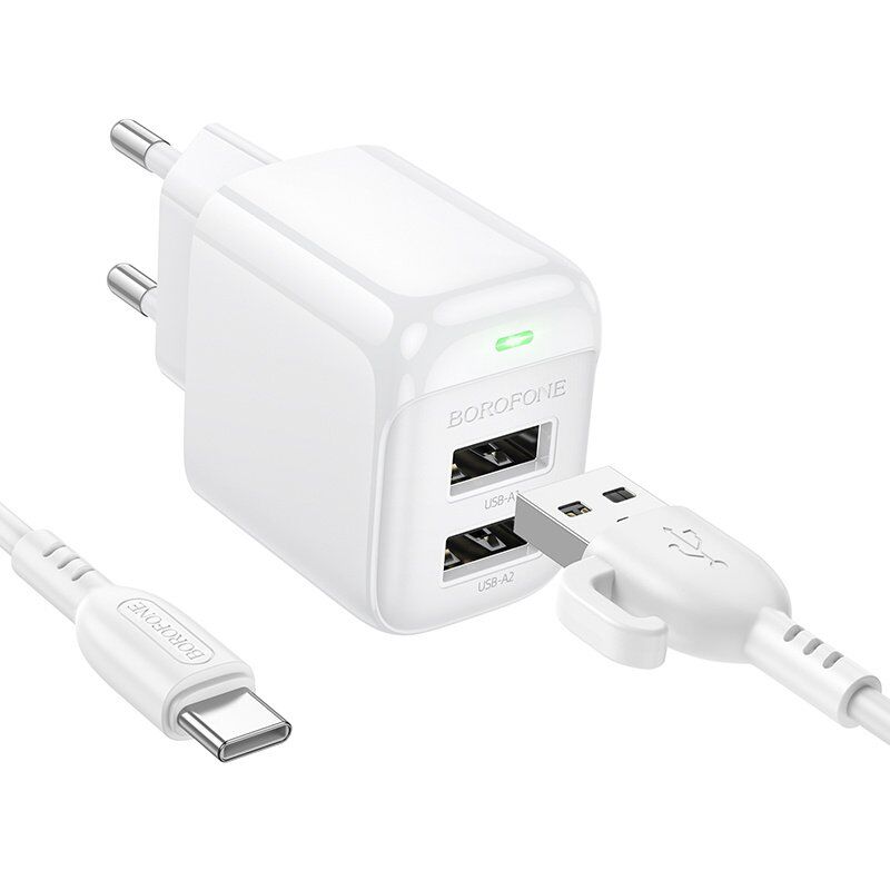 СЗУ Borofone BAS41A (2USB/2,4A) + USB - Type-C (белый)