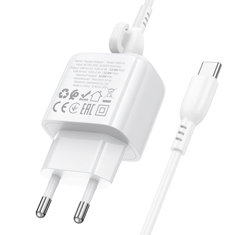 СЗУ Borofone BAS41A (2USB/2,4A) + USB - Type-C (белый)