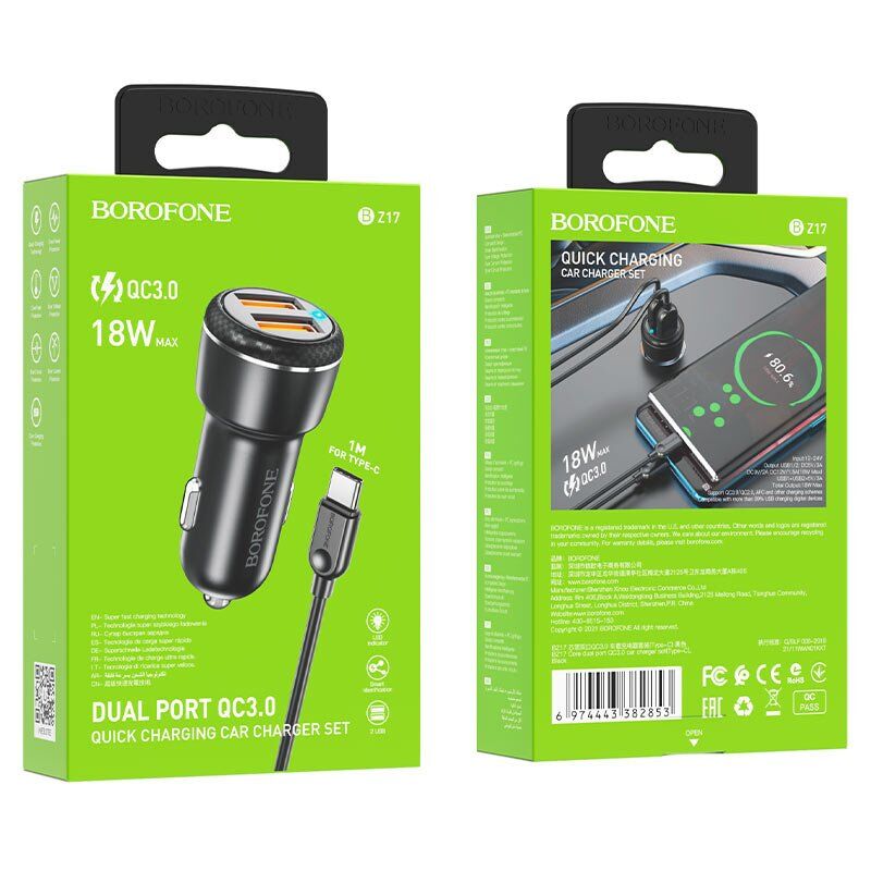 Автомобільний зарядний пристрій BOROFONE BZ17 Core dual port QC3.0 + кабель USB - TYPE-C Автомобільний зарядний пристрій BOROFONE BZ17 Core dual port QC3.0 + кабель USB - TYPE-C