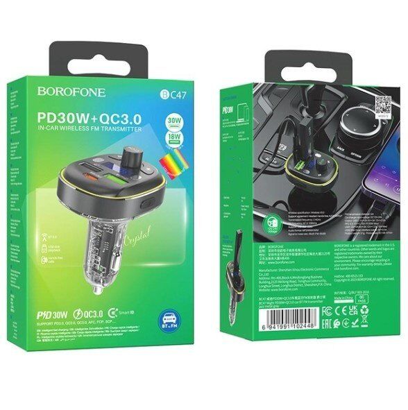 FM Модулятор BOROFONE BC47 з підтримкою швидкого заряджання QC3.0  Bluetooth / гучномовець СІРИЙ