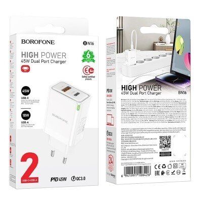 Мережевий зарядний пристрій BOROFONE BN16 PD 45W USB-C + USB-A QC 3.0 18W Мережевий зарядний пристрій BOROFONE BN16 PD 45W USB-C + USB-A QC 3.0 18W