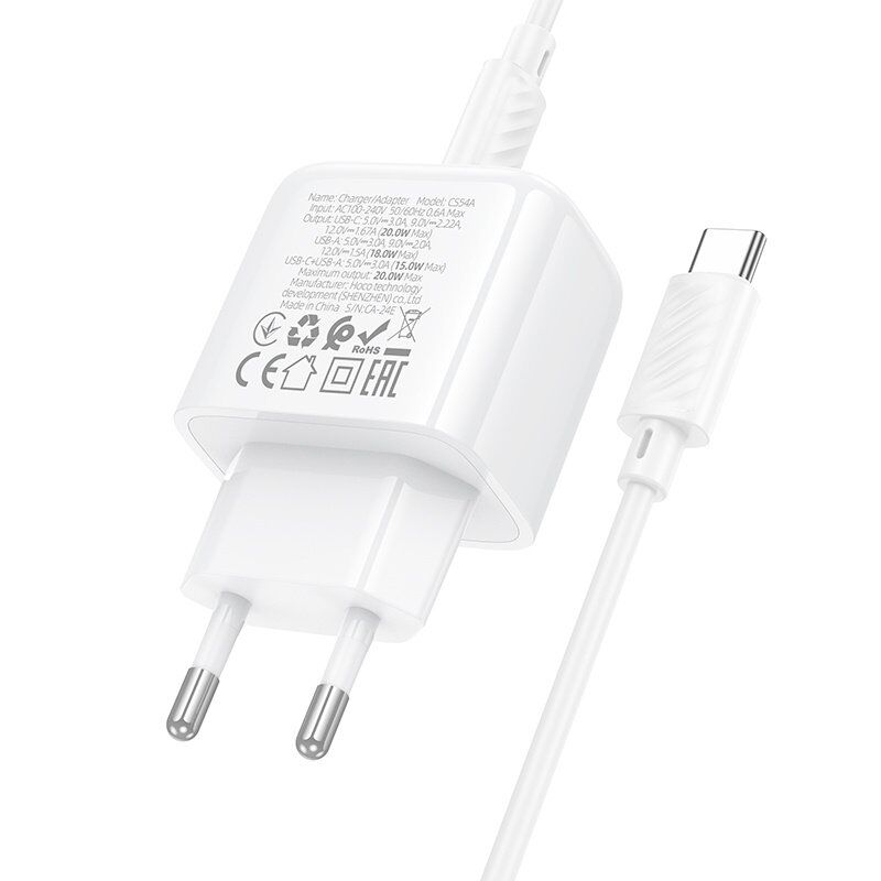 Мережевий зарядний пристрій HOCO CS54A TYPE-C PD 20W / USB QC 3.0 + кабель TYPE-C - TYPE-C, білий Мережевий зарядний пристрій HOCO CS54A TYPE-C PD 20W / USB QC 3.0 + кабель TYPE-C - TYPE-C, білий