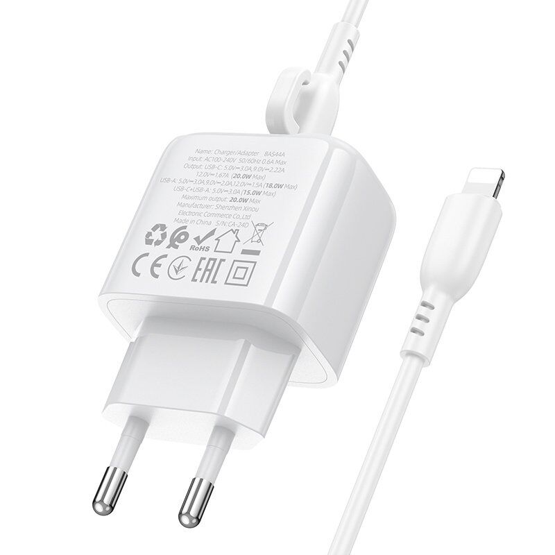СЗУ Borofone BAS44A PD20W + QC3.0 (1USB/1Type-C) + Type-C - Lightning (белый)