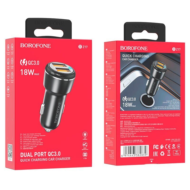 Автомобільний зарядний пристрій BOROFONE BZ17 Core dual port QC3.0 car charger Автомобільний зарядний пристрій BOROFONE BZ17 Core dual port QC3.0 car charger