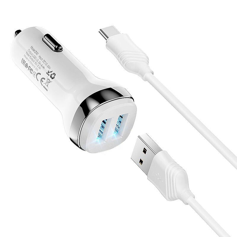 АЗУ HOCO Z40 (2USB/2.4A) + USB - Type-C (12pc) (белый) АЗУ HOCO Z40 (2USB/2.4A) + USB - Type-C (12pc) (белый)