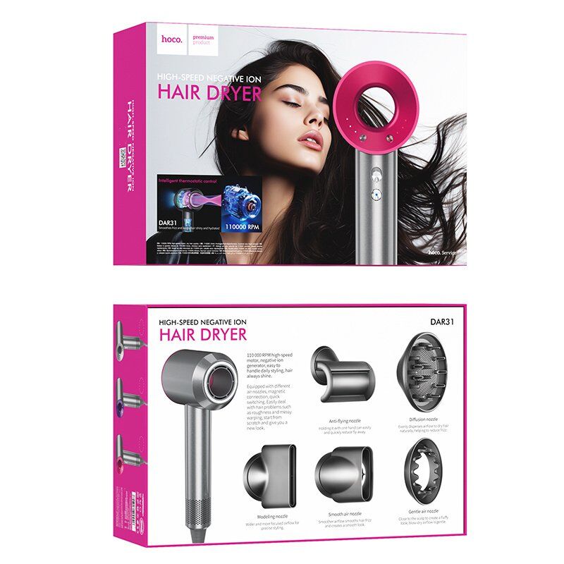 Високошвидкісний фен HOCO DAR31 Wave 1500W з негативною іонізацією, 5 насадок, Rose Red