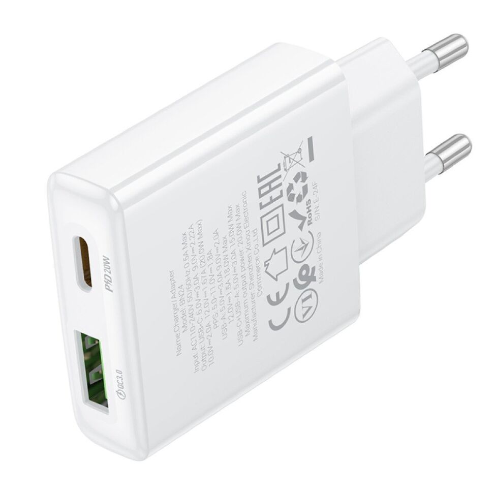 Мережевий зарядний пристрій BOROFONE BN24 PD 20W + QC3.0, білий Мережевий зарядний пристрій BOROFONE BN24 PD 20W + QC3.0, білий