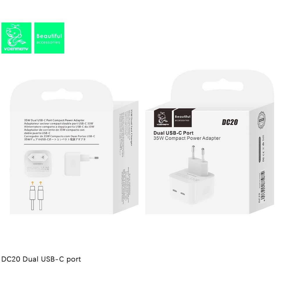 Мережевий зарядний пристрій DENMEN DC20 35W 2 TYPE-C